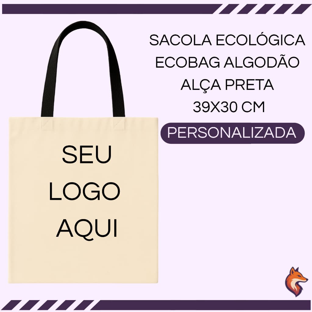 SACOLA ECOLOGICA 100% ALGODÃO CRU ECOBAG PERSONALIZADA 39X 35 CM ESTAMPA EM DTF ALÇA PRETA