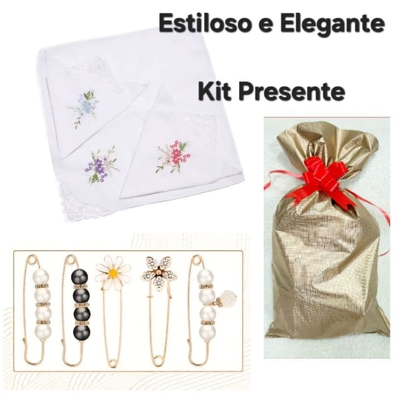 Kit Presente Lenço Bordado Renda + 2 Broches Alfinetes Prendedor Roupa Super Estiloso + Saco + Laço