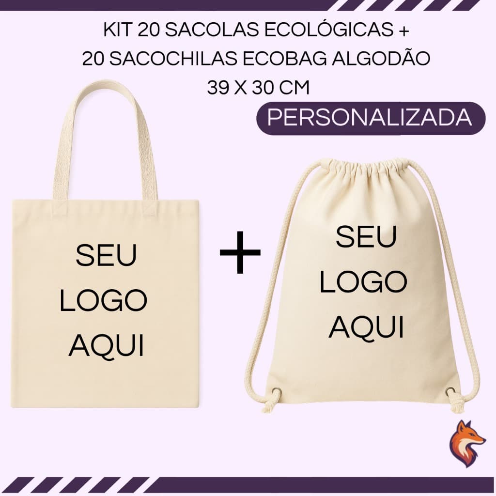 KIT 20 SACOLAS ECOLOGICA ECOBAG + 20 SACOCHILAS 100% ALGODÃO CRU PERSONALIZADA 39X30 CM ESTAMPA DTF