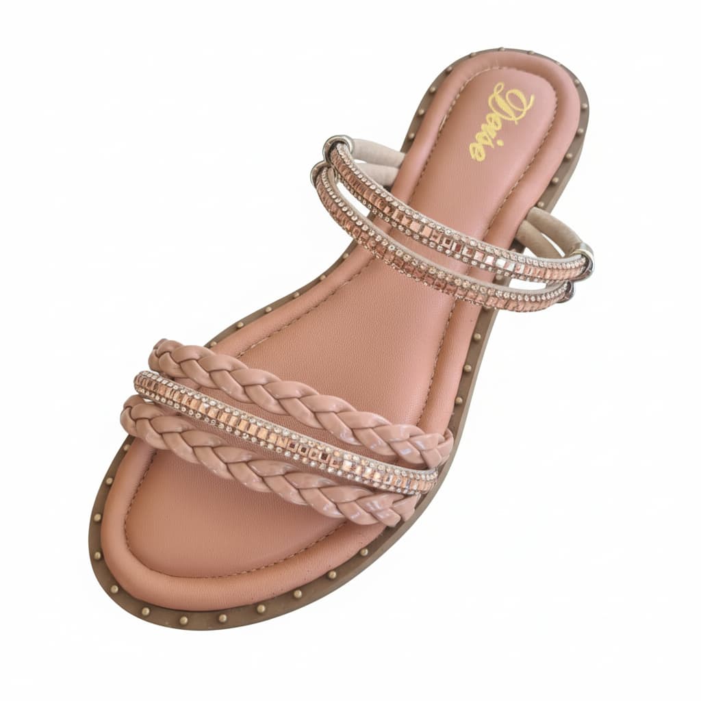 Chinelo Rasteirinha Brilho Strass Trançada Rosê Conforto Elegante