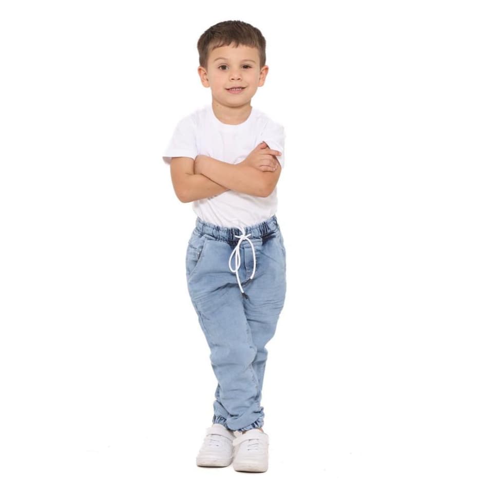 Calça Jeans Jogger Clara Jeans de Menino Masculina Infantil Denim 01 ano até 16 anos Cordão Cintura Elástica