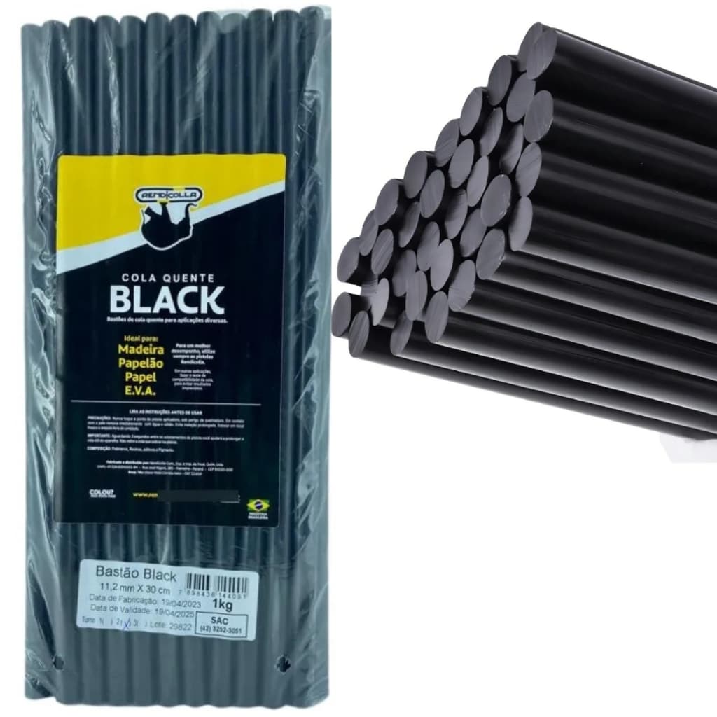 Refil Bastão de Cola Quente Preto Rendicolla 11 mm Black Grosso Pacote 1 kg para Martelinho de Ouro