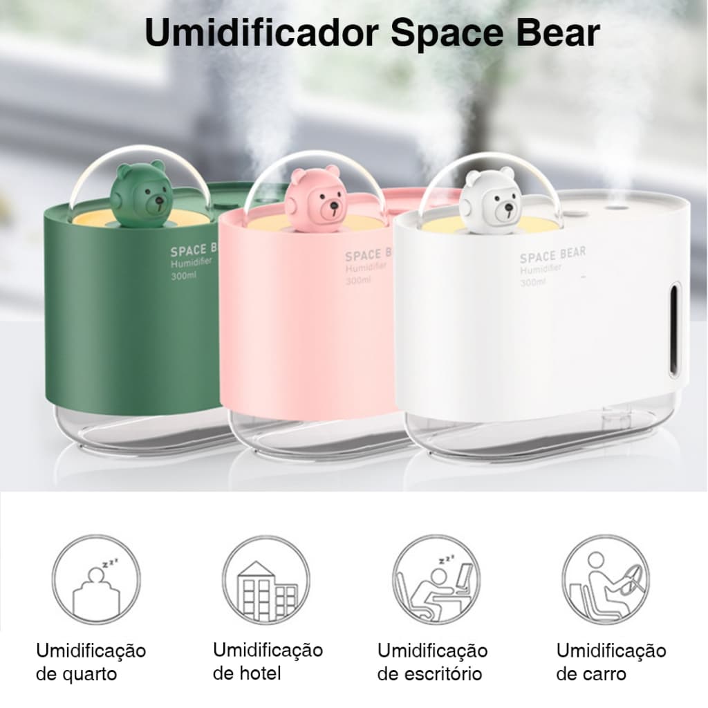 【URSO ESPAÇAL FOFO】Diffusor de Aromaterapia 300ml, Umidificador de Ar USB com Luz Noturna LED 7 Cores, Toque Suave, Pres