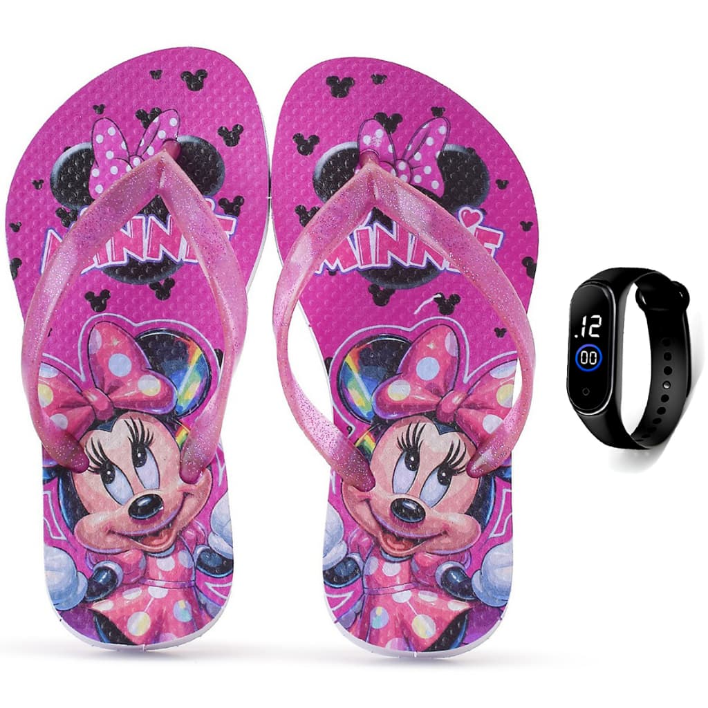 Kit Chinelo Infantil Minnie Menina Casual + Relógio Digital Henry Kids