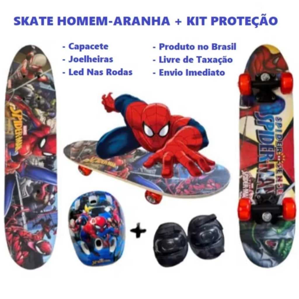 Skate Infantil Homen Aranha Com Kit Protecao Roda Com LED Frozen Presente Dia Dos Criancas