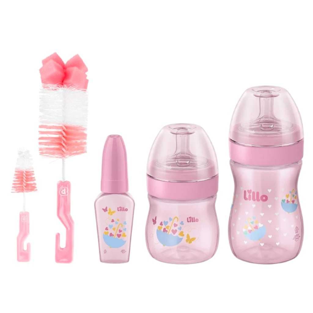 Kit 03 Mamadeira Primeiros Passos Evolution 50/150/240ml Rosa Lillo + Escovas de Lavar Mamadeira