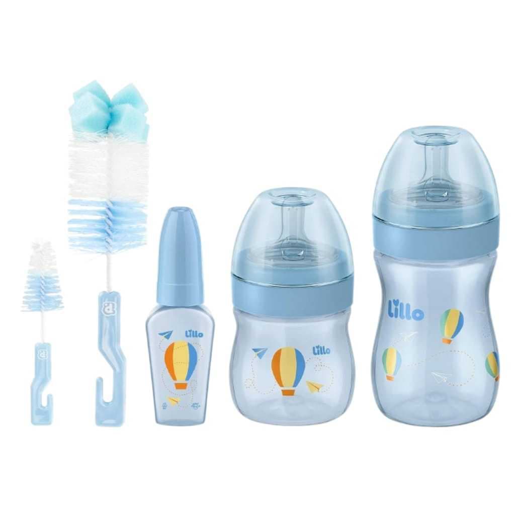 Kit 03 Mamadeira Primeiros Passos Evolution 50/150/240ml Azul Lillo + Escovas de Lavar Mamadeira
