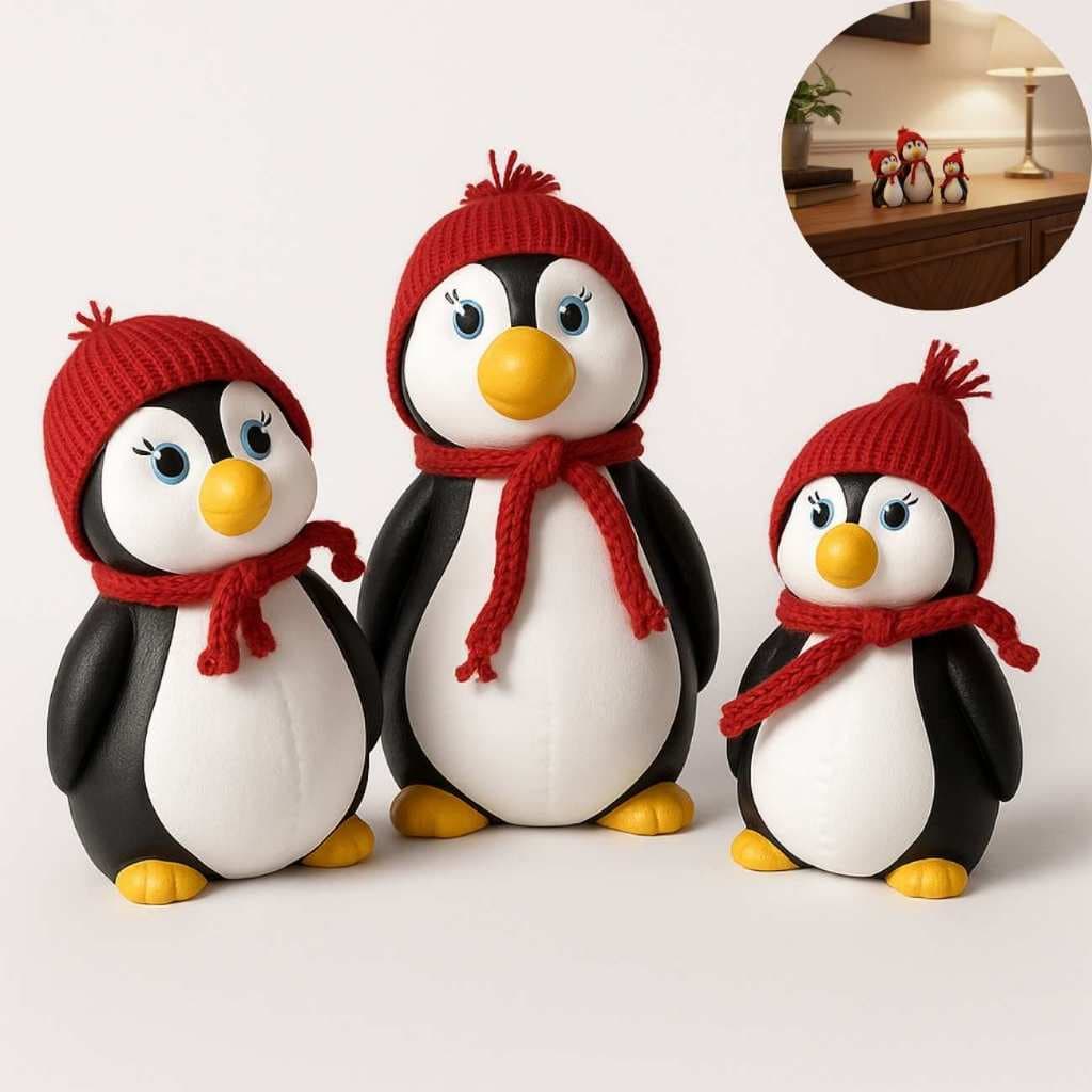 Enfeite de Geladeira e Mesa Trio Pinguim Decorativo Pequeno Minimalista