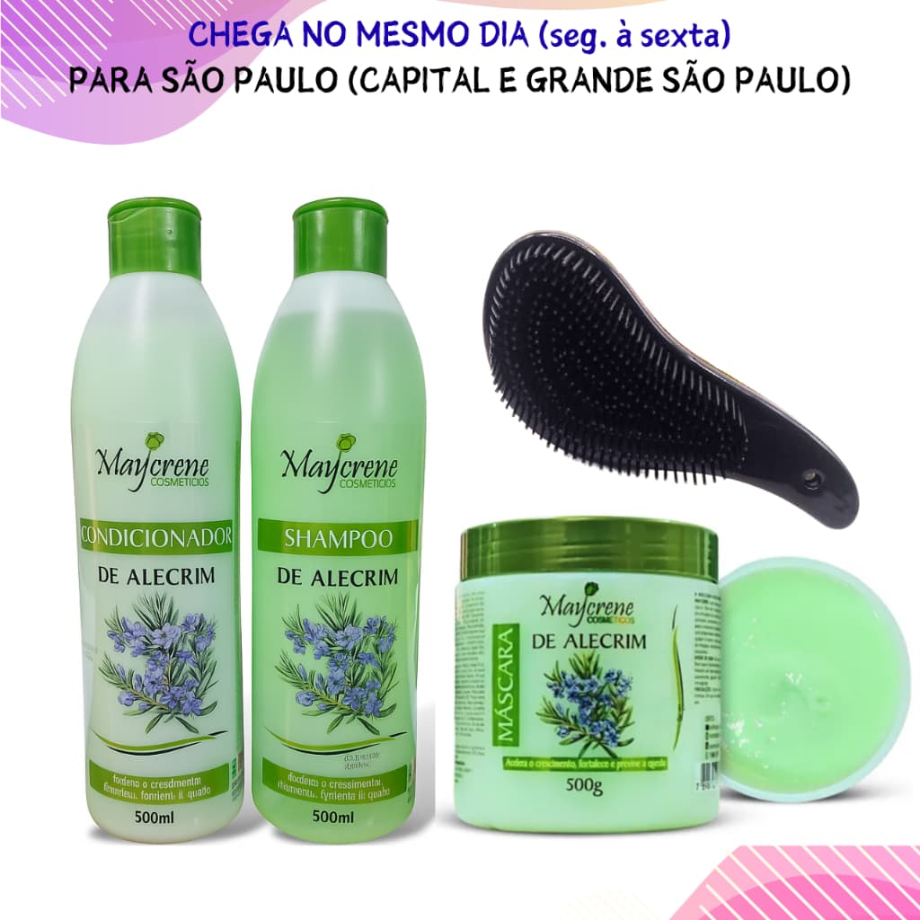 Kit Alecrim Maycrene Shampoo 500ml, Condicionador 500ml, Máscara 500g e Escova Mágica