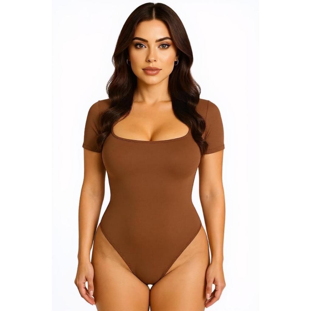Body Feminino Decote Quadrado Collant Suplex Manga Curta Forro Duplo Moda Blogueira Verão