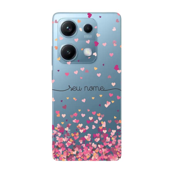 Capinha para Xiaomi Note 14s Anti Impacto Personalizada - Chuva de corações rosa com nome