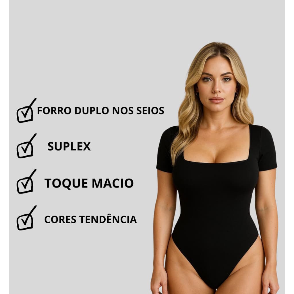 Body Feminino Decote Quadrado Manga Curta Suplex  Forrado Liso Casual Elegante
