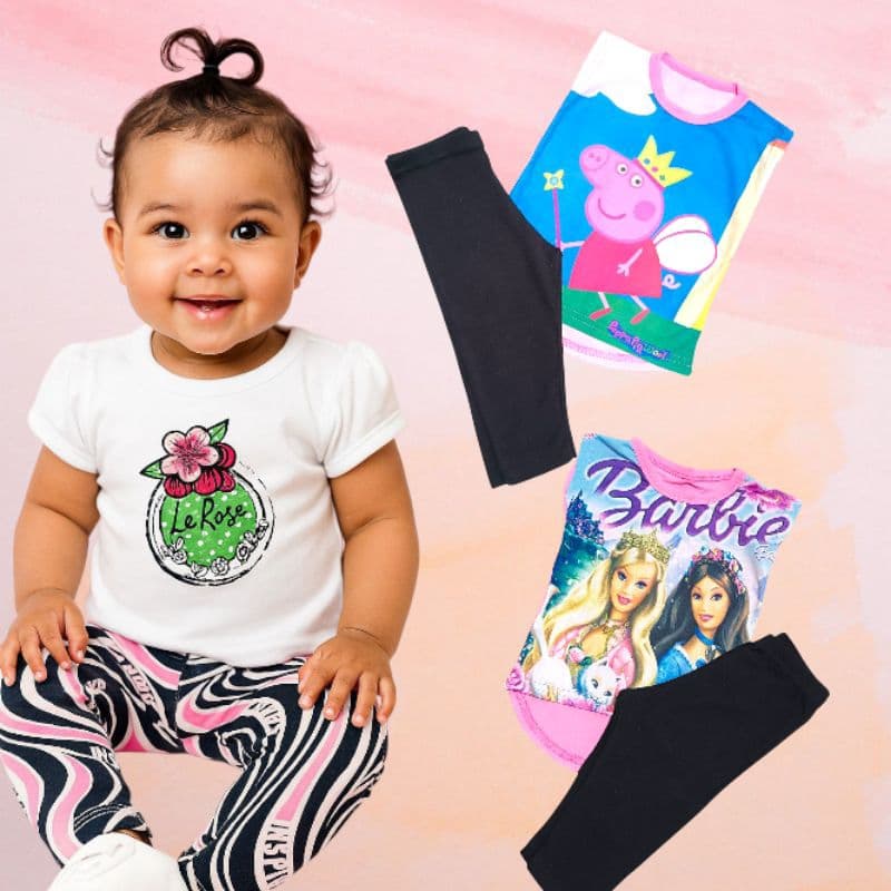 Conjunto para Bebê Menina Básica Infantil Criança Kit Duas Peças Personagem Calça Legging Preta