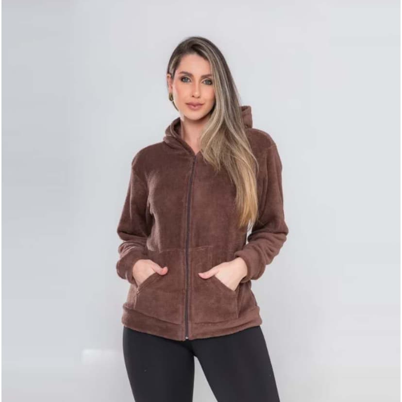 Blusa de Frio Casaco Moleton de pelinho Com pompom Com Ziper e bolso Tendência Gringa