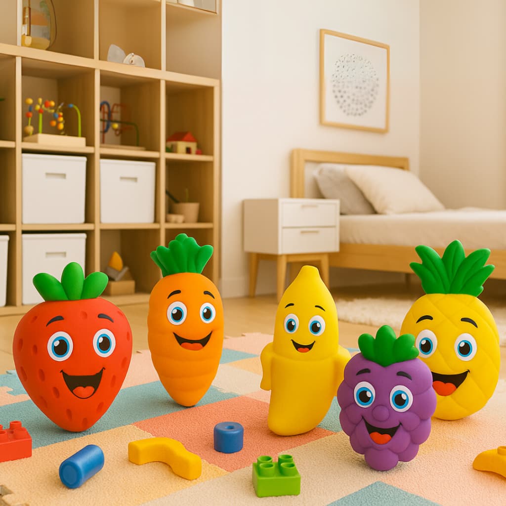Mordedor Com Chocalho Bebê Frutas e Legumes Barulho Suave - Vila Toy