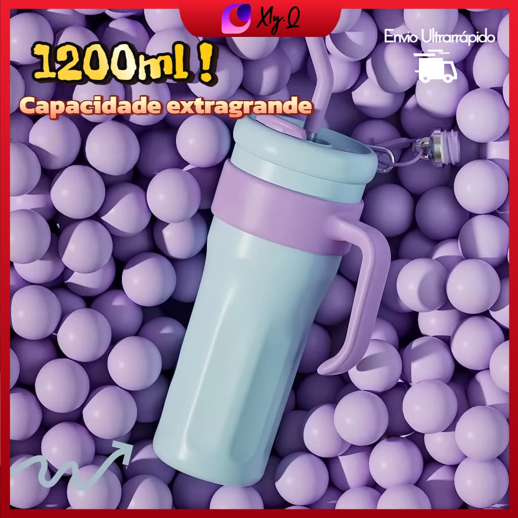 1200ml Garrafa térmica de grande capacidade com canudo design elegante, para homens e mulheres