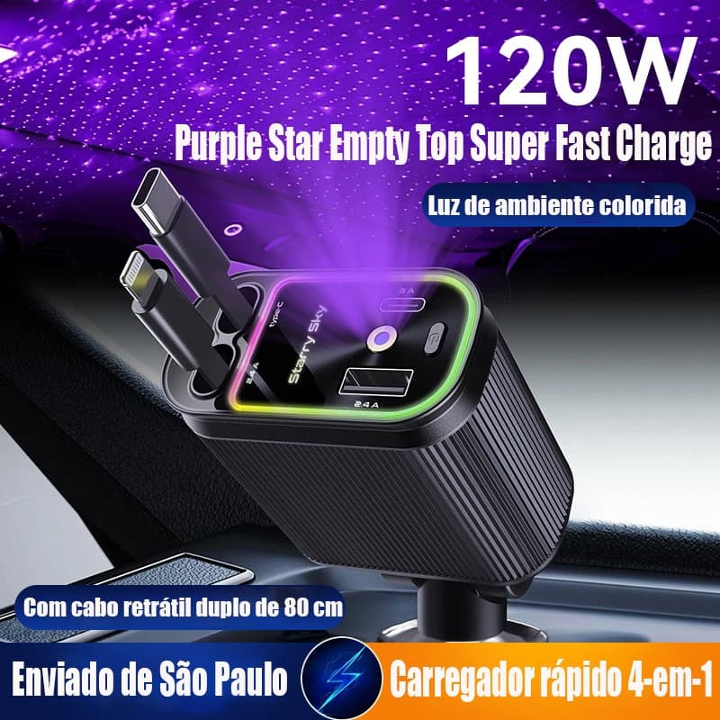 Carregador de carro Tipo C  USB 120W de para carro 4 em 1 Veicular Rápido com LED Starry Sky (Extensível)