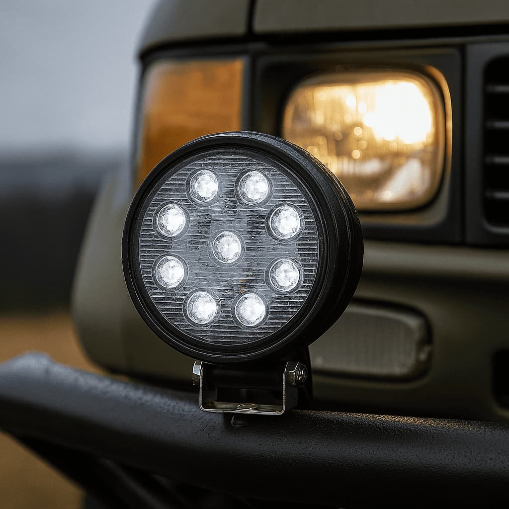 Farol Milha 42w Redondo 9 Leds 12v 24v Farol de Milha Auxiliar 9 leds 42w Branco frio Redondo Off Road Trator Veículo