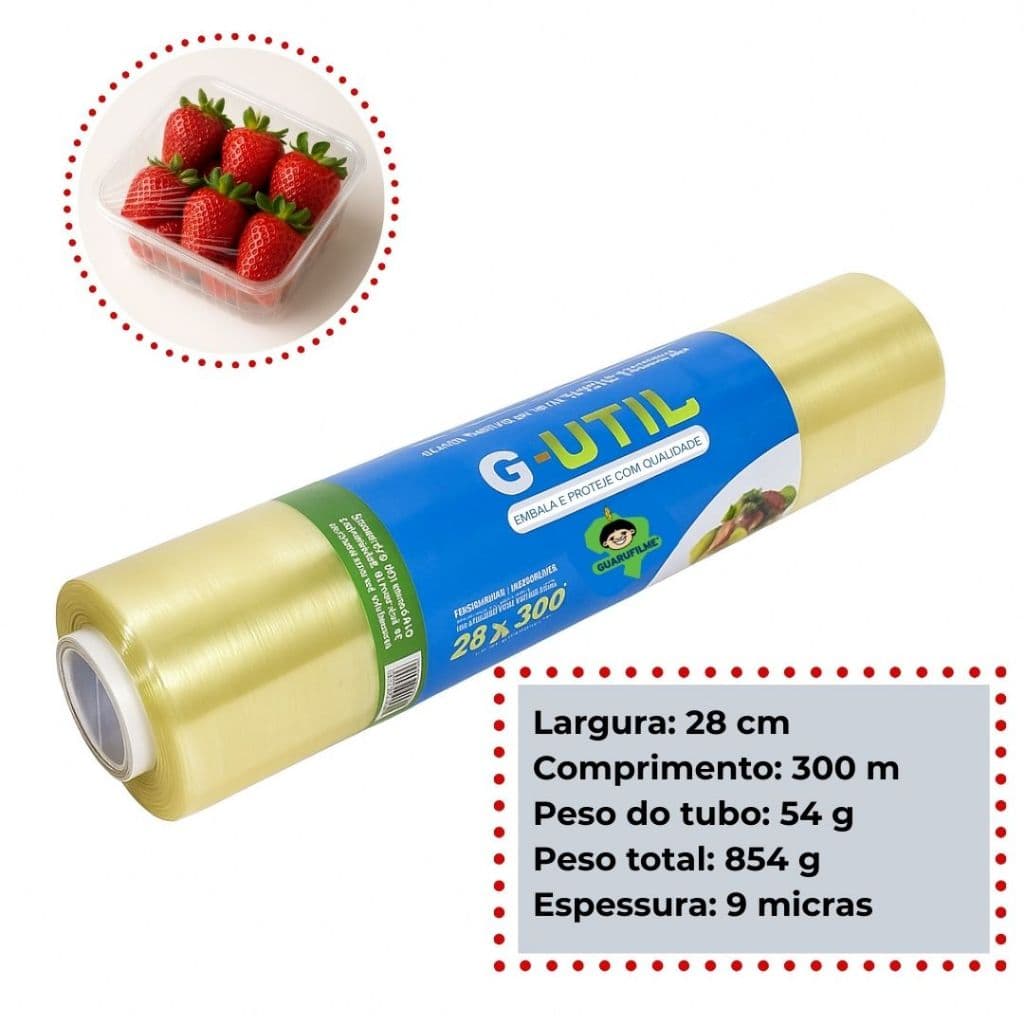 Rolo Bobina Plastico de Filme Pvc 28cm x 300 metros 9 micras GUARUFILME