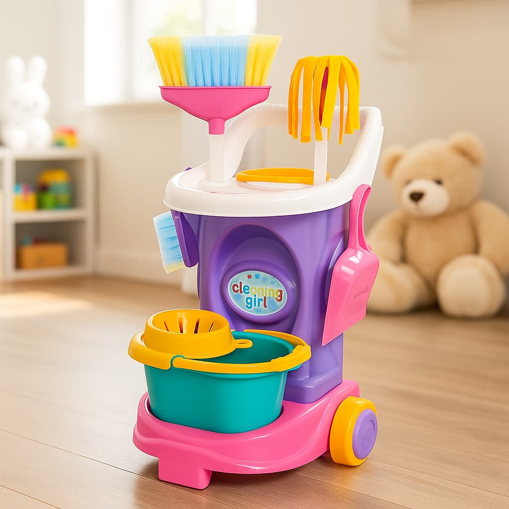 Carrinho Limpeza Infantil Rosa Brinquedo Menina Kit Faxina Completo Vassoura Rodo Balde Mop Casinha