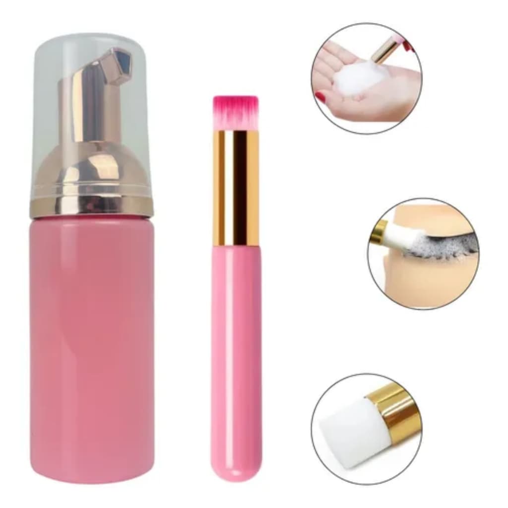 Kit Frasco Pump Espumador Rosa 60ml + Pincel de Limpeza Alongamento Extensão Rose Gold