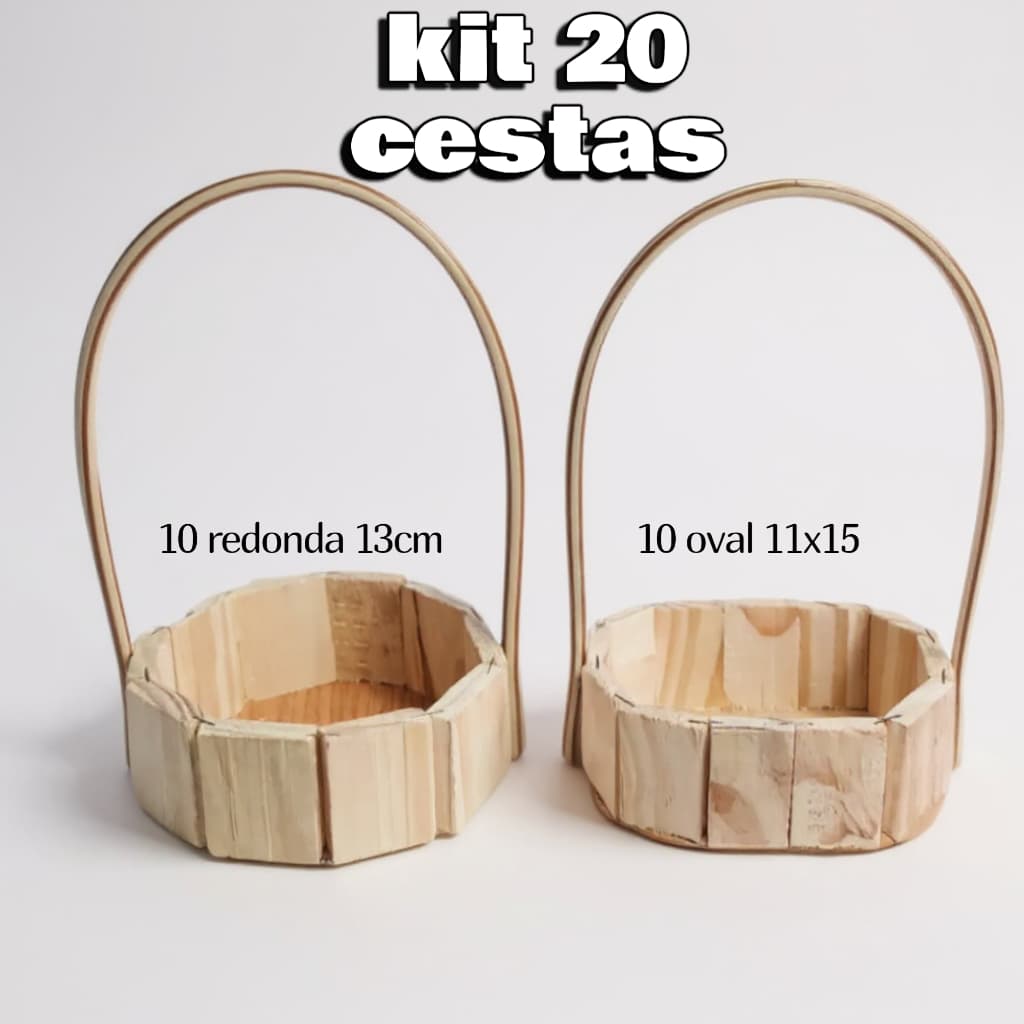 Kit 20 Cestas de madeira Fraldeira Pinus 10 oval 11x15 + 10 Redonda 13 cm Com Alça