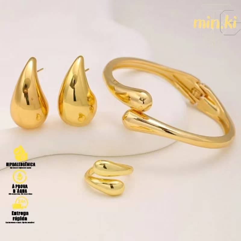 Conjunto Elegância em Lágrima – Brincos, Anel e Pulseira em Ouro e Prata