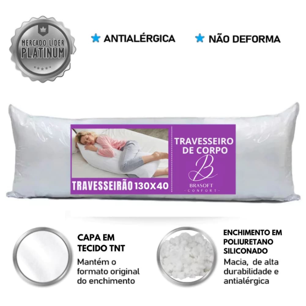 Travesseiro de Corpo Com Fronha Antialérgico 1,30m x 40cm Extra Xuxão