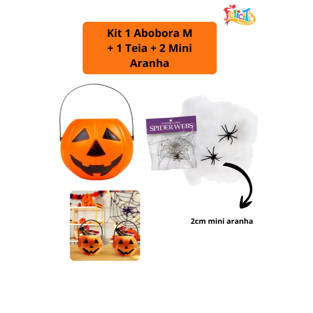 Kit 1 Abobora M + 1 Teia + 2 Mini Aranha Preta Decoração Halloween