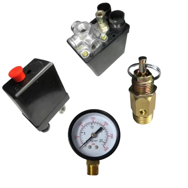 Kit Pressostato Automático 135-175PSI 4 Vias + Válvula de Segurança 175PSI + Manômetro 300PSI