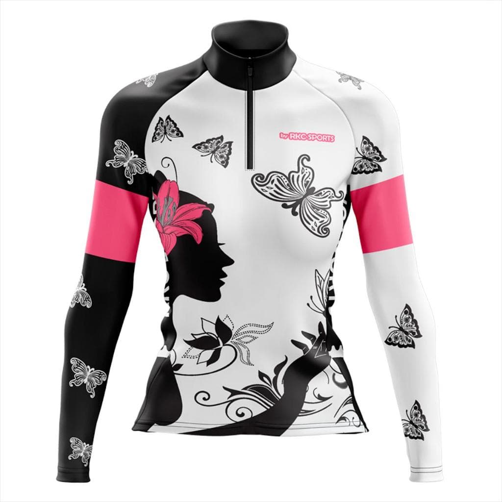 CAMISA CICLISMO FEMININA MOUNTAIN BIKE MANGA LONGA PROTEÇÃO UV RKC SPORTS BORBOLETAS BRANCA