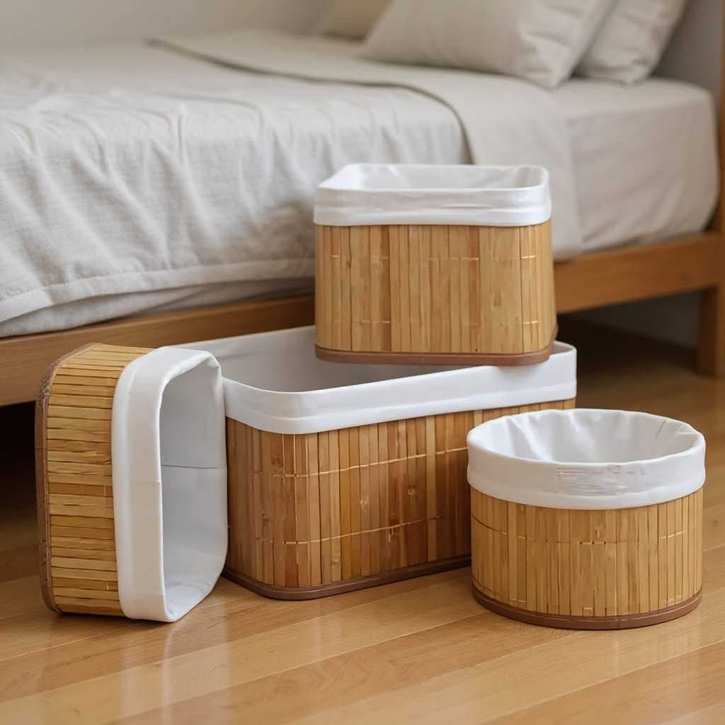 Kit 4 Cestos Multiuso Bambu Forro Organiza Decora Ecológico Resistente Casa Lavanderia