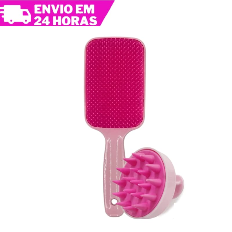 Kit Escova Raquete Flex e Escova Massageadora Capilar de Silicone Pente Massageador