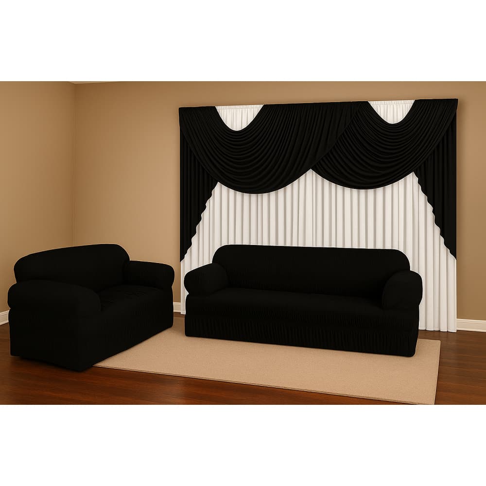 Kit Sala Conforto Cortina + Kit Capa Elasticada 3 e 2 Lugares