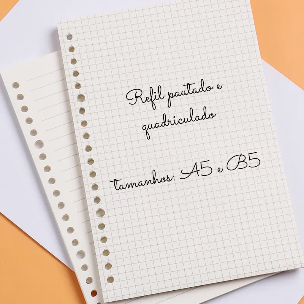 Refil de Folha de Caderno Reutilizável Pautado ou Quadriculado ou Divisória - Refil A5 e B5
