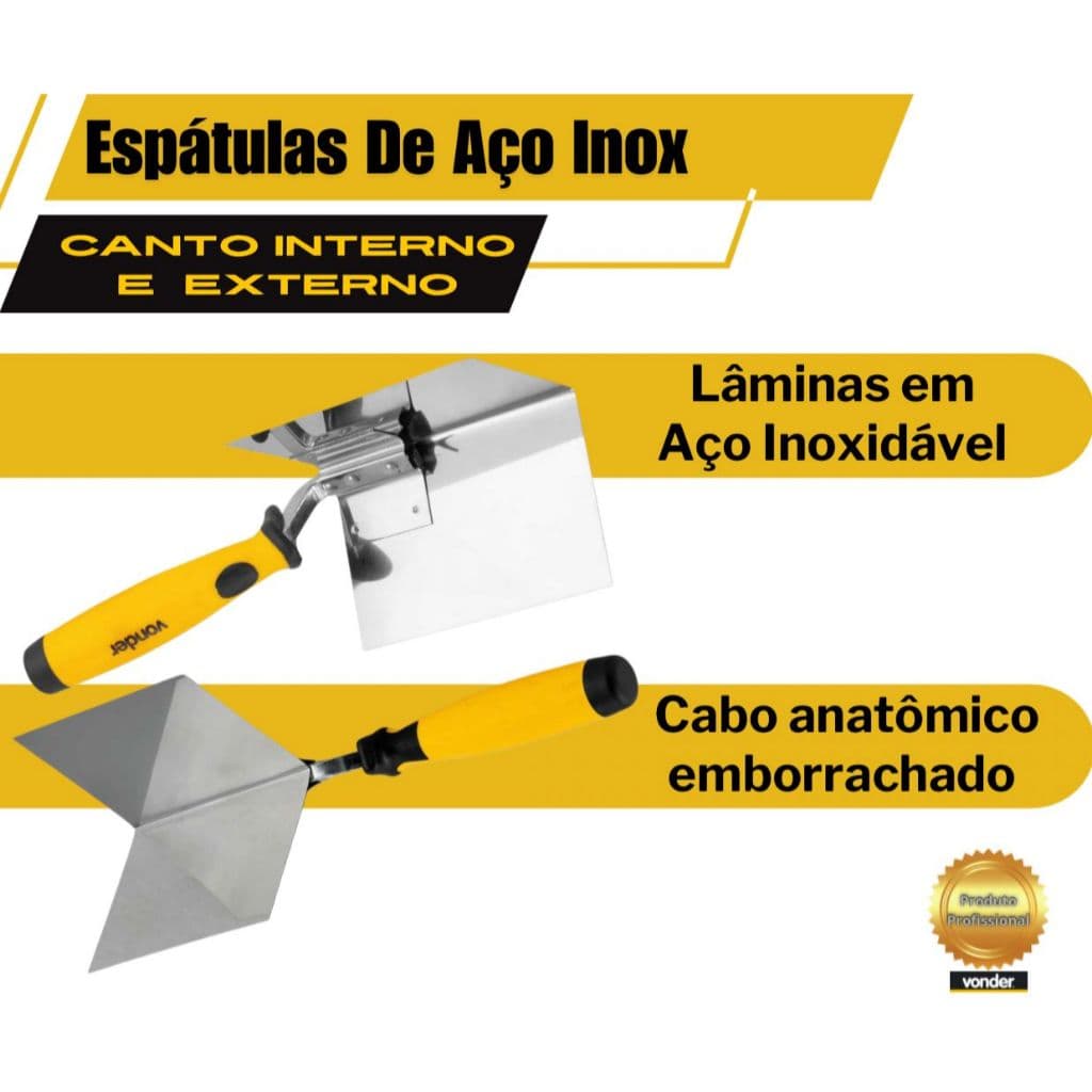 Kit Com 2 Espatulas Desempenadeiras Canto Externo Interno 90 Graus Aço Inox  - Vonder Profissional Argamassa etc
