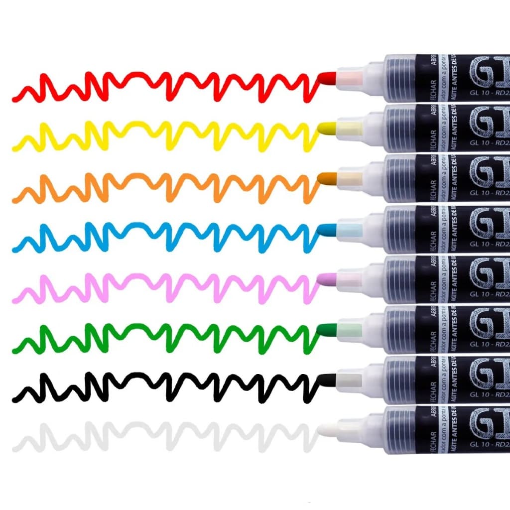 Estojo com 8 cores de Giz Líquido Recarregável, Ponta Redonda (traço de 2mm)