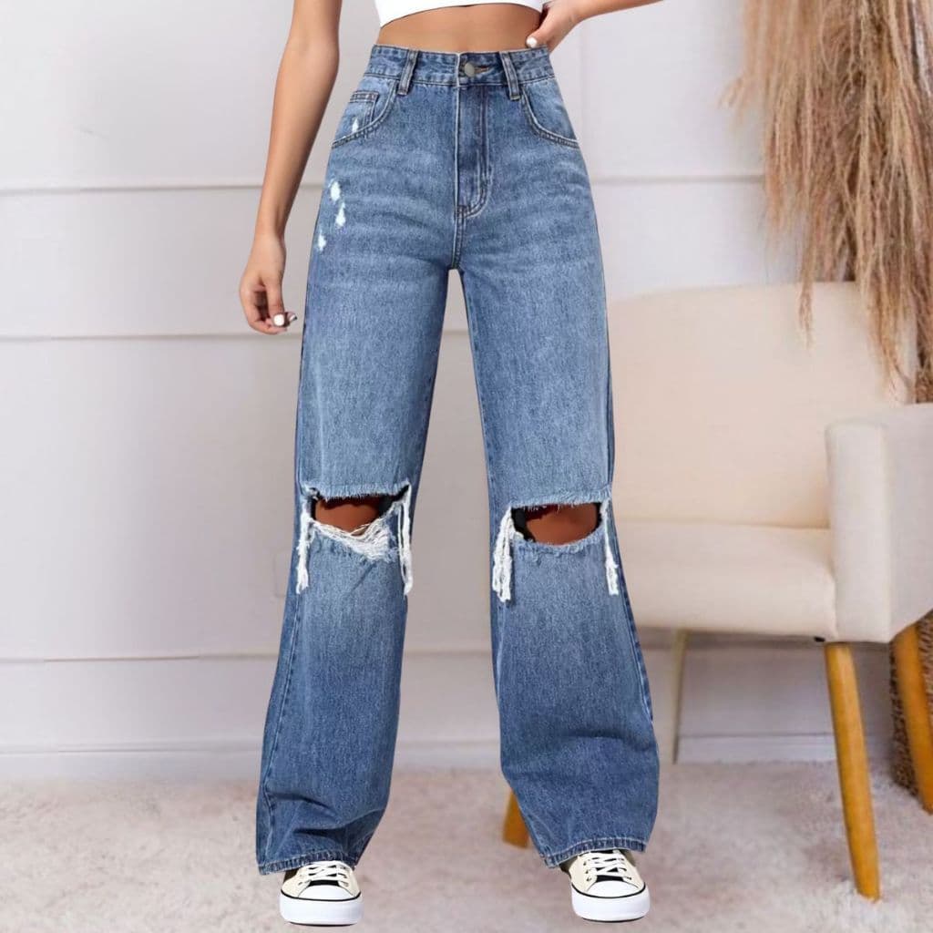 Calça Jeans Feminina Wide Leg Rasgada no joelho Cintura Alta Boca larga Moda Street Gringa 100%
