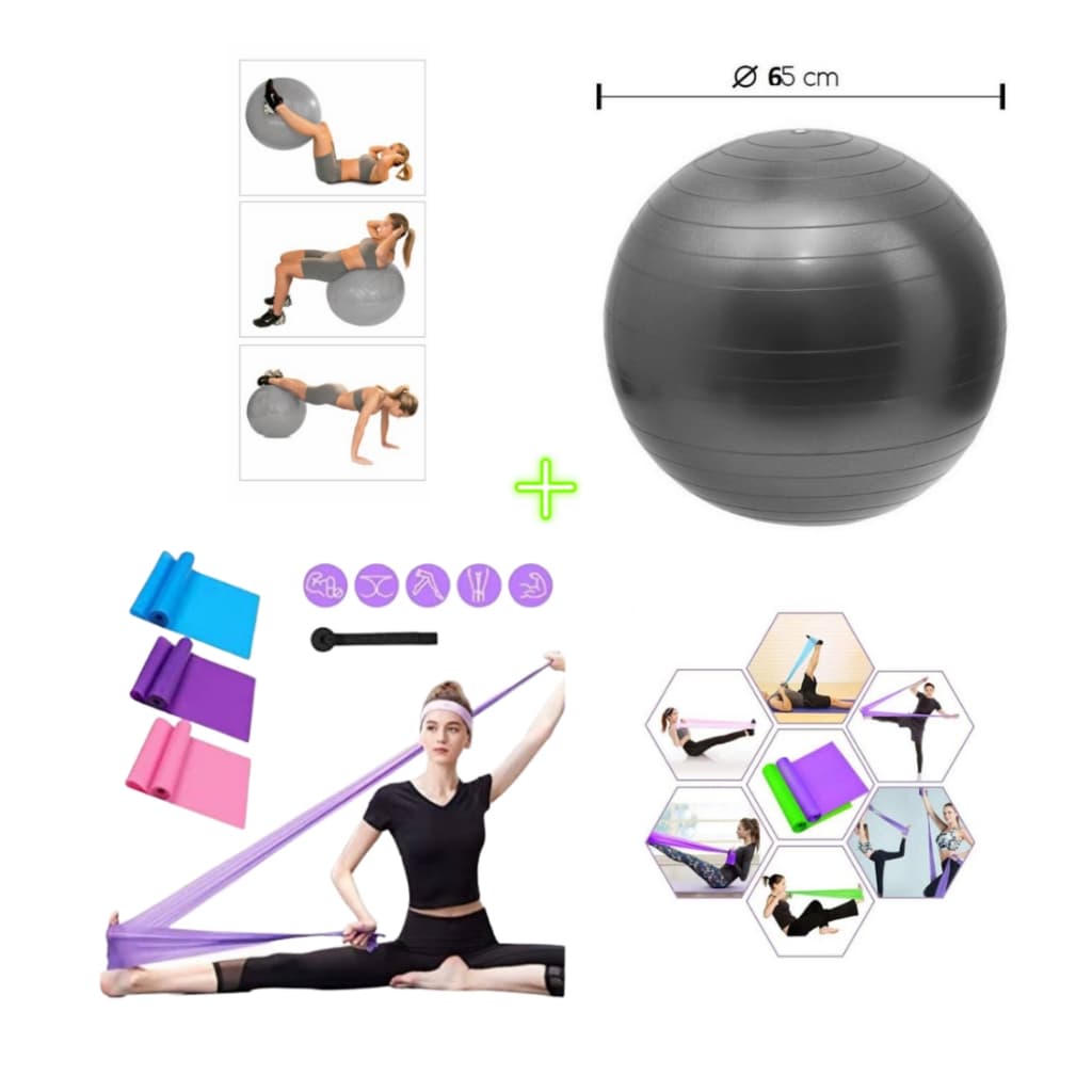 Bola Suiça Pilates Fisio 65cm + Faixa Elastica Bola Pilates Yoga Fisioterapia Suiça Ginástica