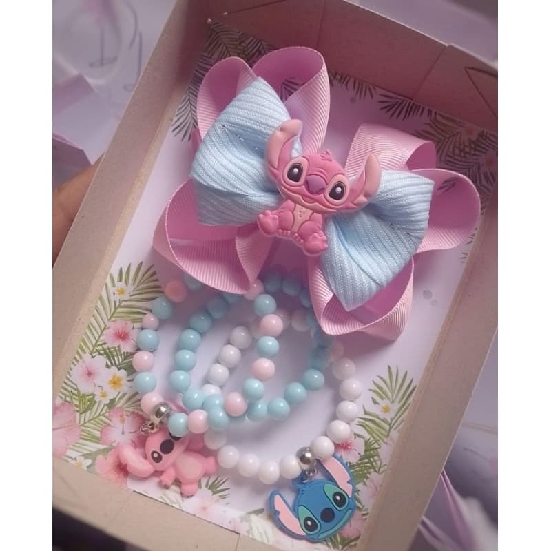Kit Laço Stitch e Angel Infantil + Mix de Pulseiras | Acessórios para Meninas, presilhas de cabelo - Envio Rápido