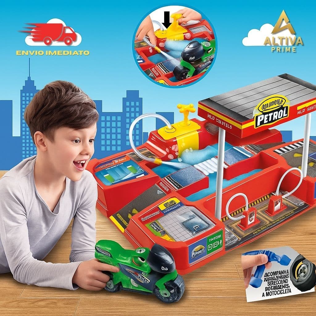 Auto Posto Lava Jato Rápido Infantil com Moto de Brinquedo Presente Educativo Crianças