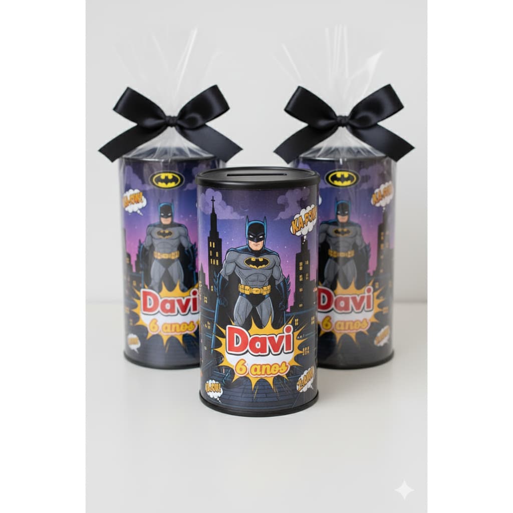 COFRINHO PERSONALIZADO TEMA BATMAN + EMBALAGEM + LAÇO- FAZEMOS EM TODOS OS TEMAS