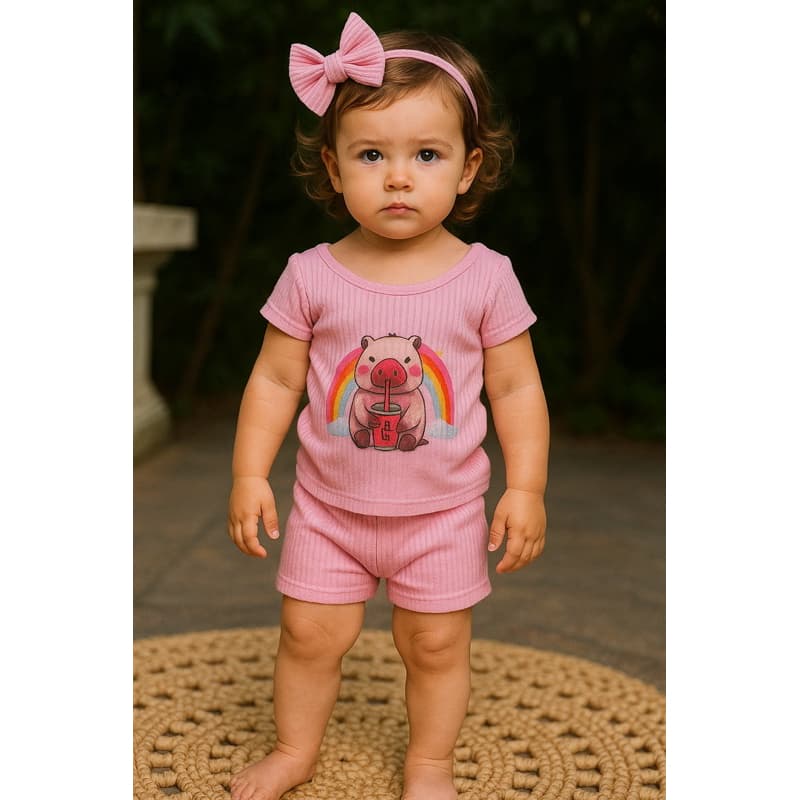 Blusa manga malu + short + laço de cabelo