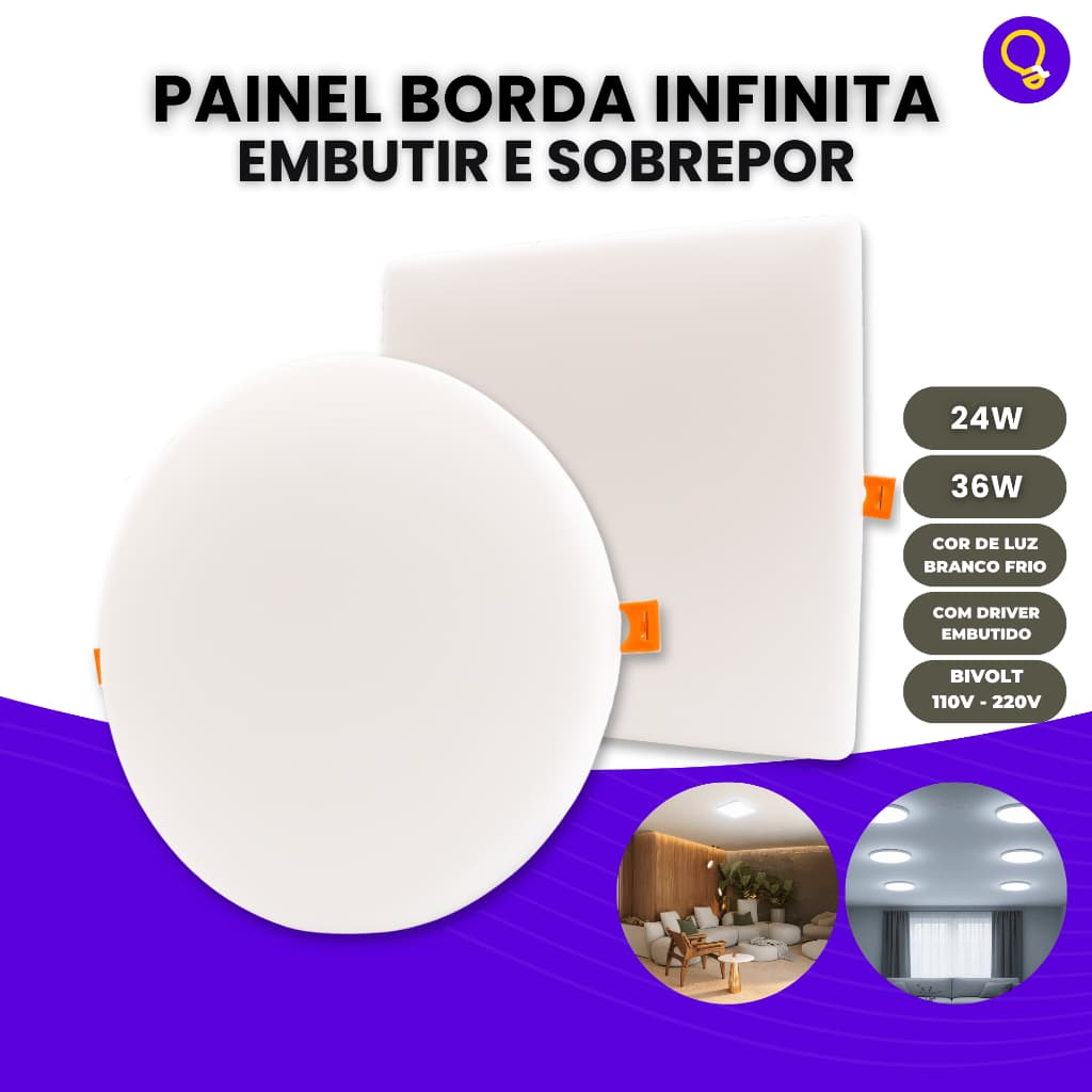 Painel Led 6000k Borda Infinita 2em1 Embutir Sobrepor 24w/36w