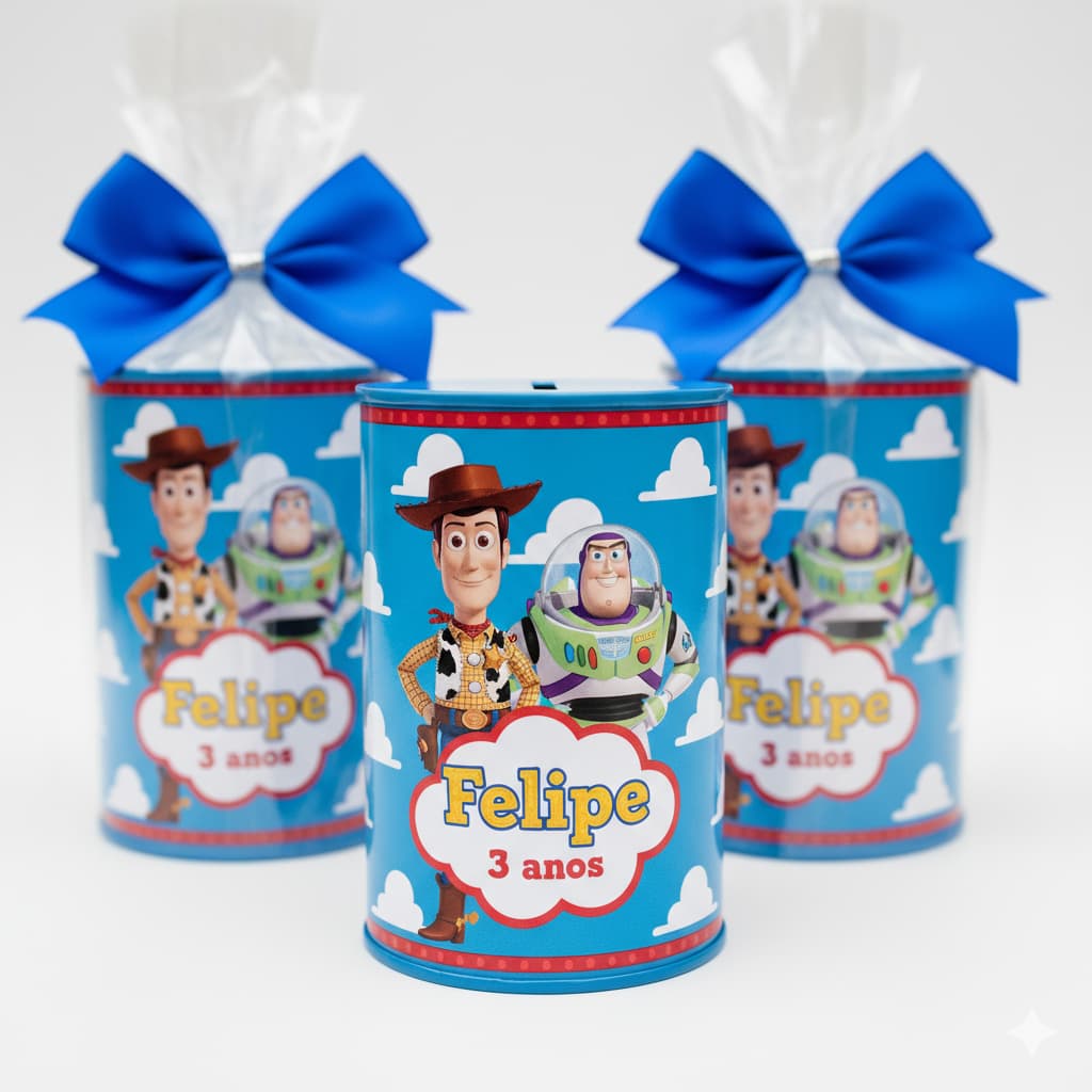 COFRINHO PERSONALIZADO TEMA TOY STORY + EMBALAGEM + LAÇO- FAZEMOS EM TODOS OS TEMAS