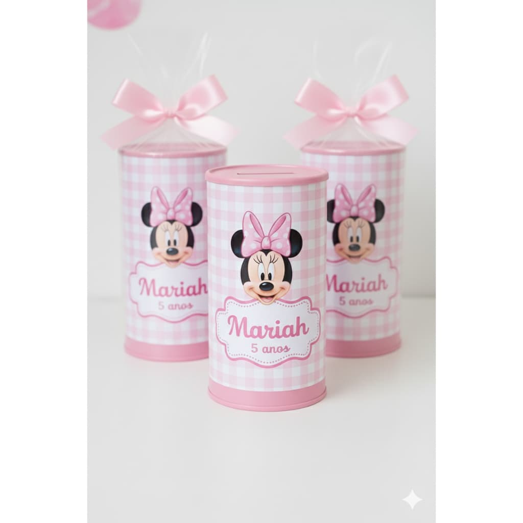 COFRINHO PERSONALIZADO TEMA MINNIE ROSA + EMBALAGEM + LAÇO - FAZEMOS EM TODOS OS TEMAS