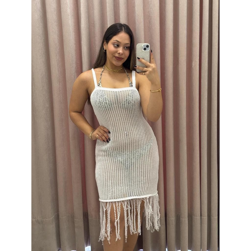 Vestido Mid Franja Saida de Praia Feminina Tricot Elegante e Casual Verão Praia Crochê
