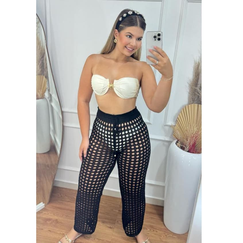 Calça Saída de Praia e Piscina de Tricot Premium Furadinha Rendada Elegante Tendência Moda Verão