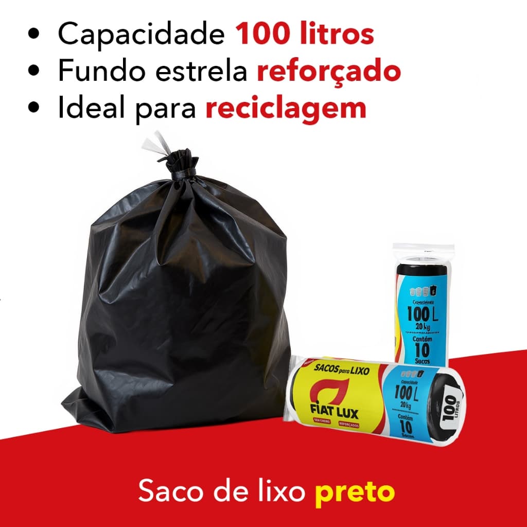 Saco de Lixo Preto 100 Litros Reforçado 10 Unidades para Lixeira Grande