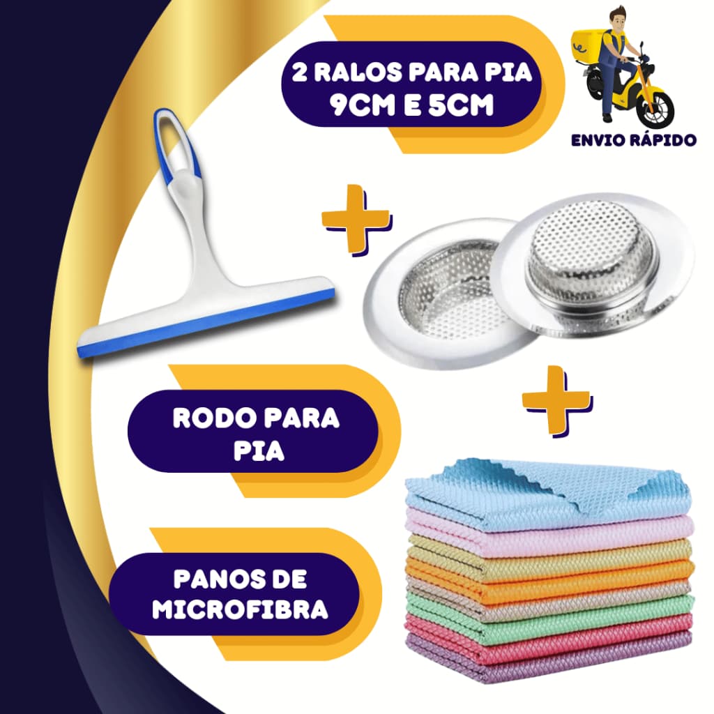 Rodo de Pia Rodinho Limpa Box+ 2 Ralos Inox (5cm e 9cm) + 2 Panos de Microfibra Absorventes Kit Limpeza Doméstica –